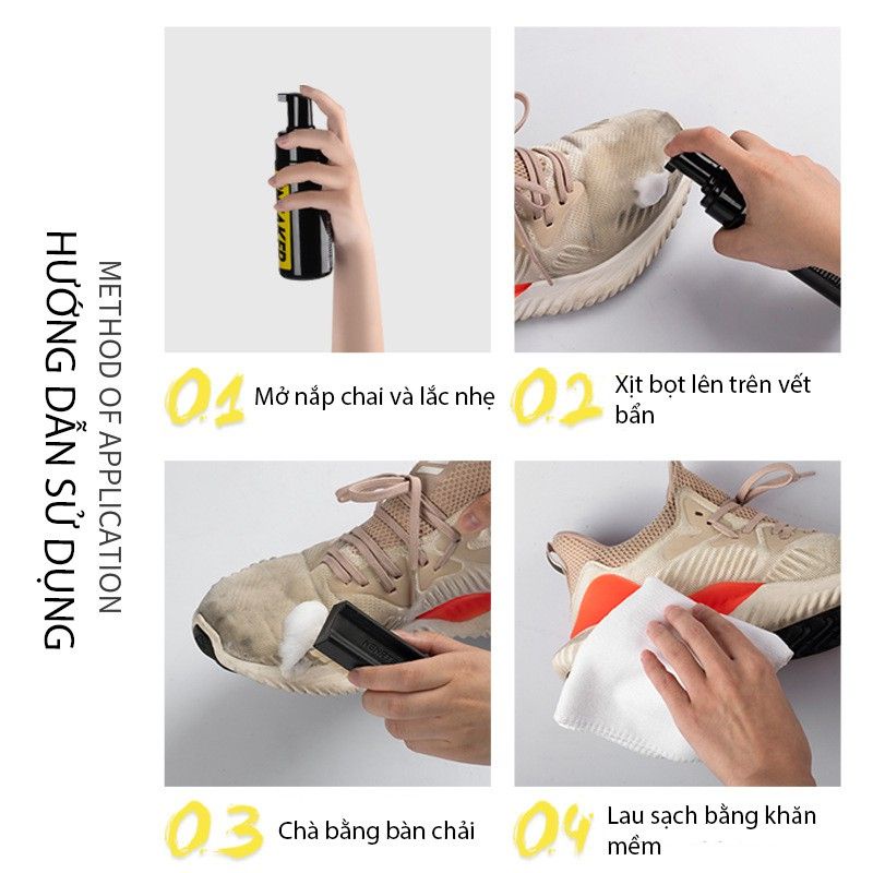 Bộ vệ sinh giày 3 trong 1: 1 bình xịt bọt vệ sinh, 1 bàn chải lông mềm, 1 khăn ướt
