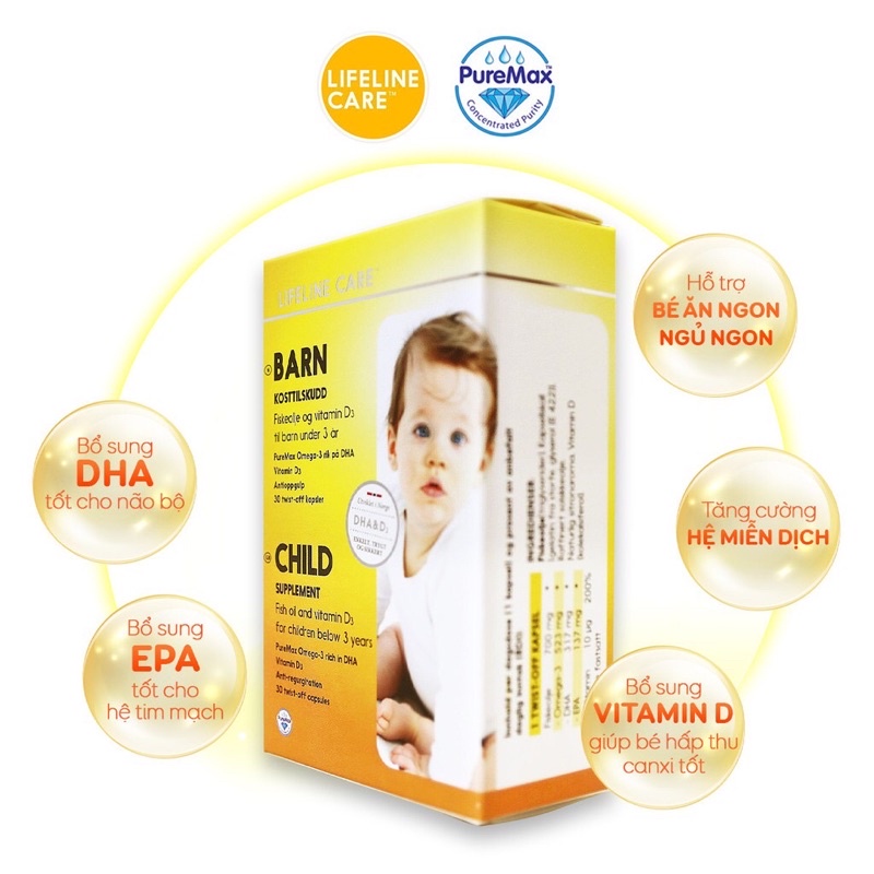 Dầu cá kim cương DHA Vitamin D3 BARN Lifeline Care Nauy Dầu cá cho bé - Hộp 30 viên