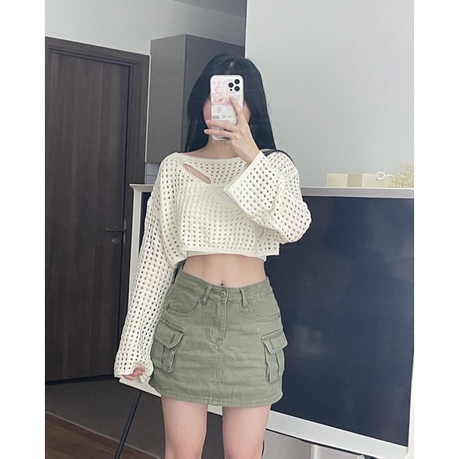 ( Sẵn )Set chân váy túi hộp và áo len lưới tay dài