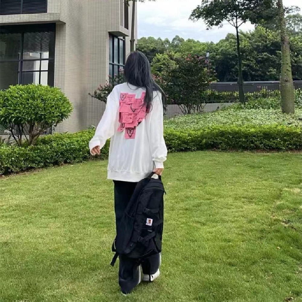 Jiashucheng Áo Sweatshirt Dáng Rộng Hình Nốt Nhạc Trái Tim Dính Phong Cách Hàn Quốc Dễ Phối Đồ