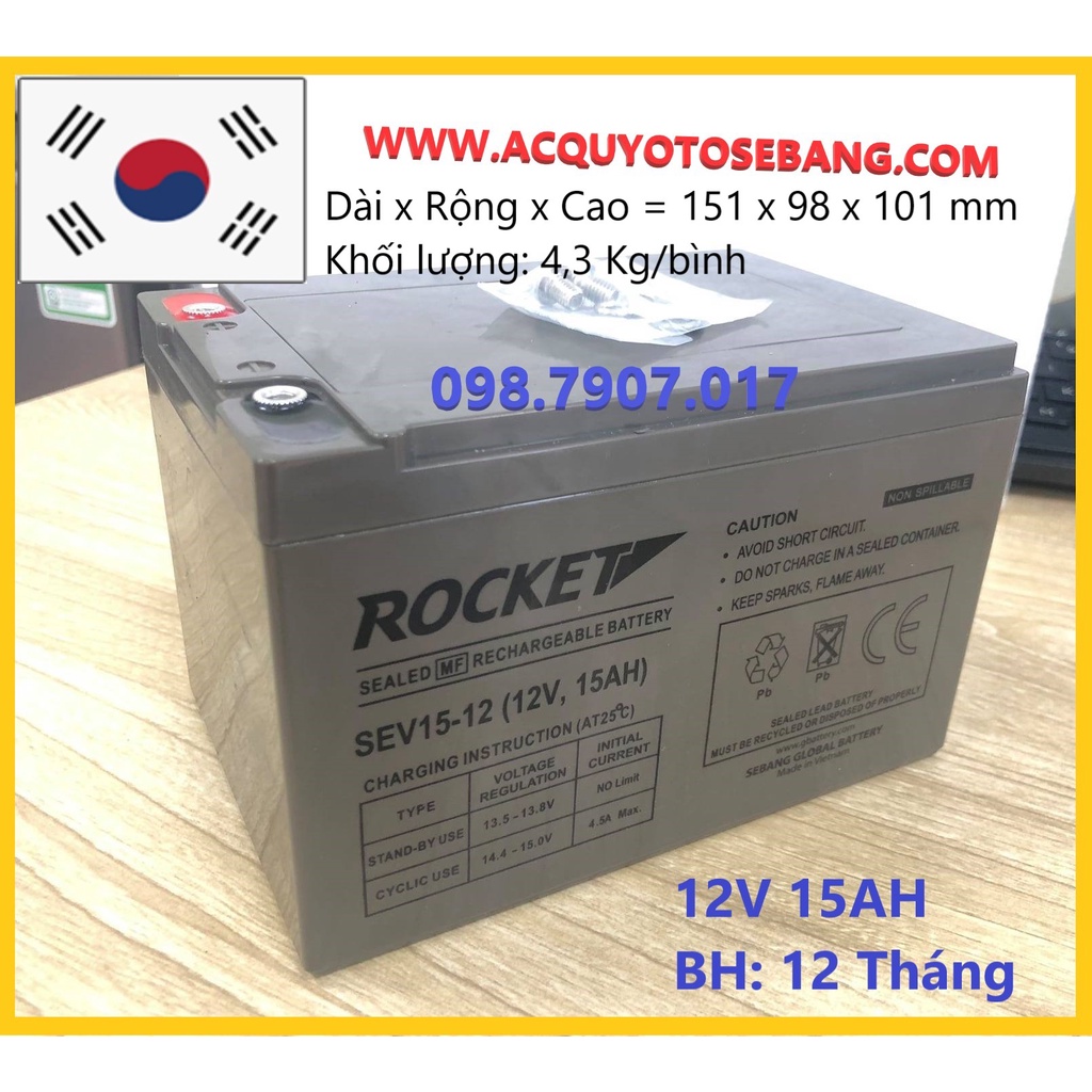 (Chính Hãng) BỘ 4 BÌNH ẮC QUY XE ĐẠP ĐIỆN ROCKET 12V-15AH - BH 12 THÁNG, CHO XE ĐIỆN ĐỒ CHƠI, LOA KÉO, THẮP SÁNG