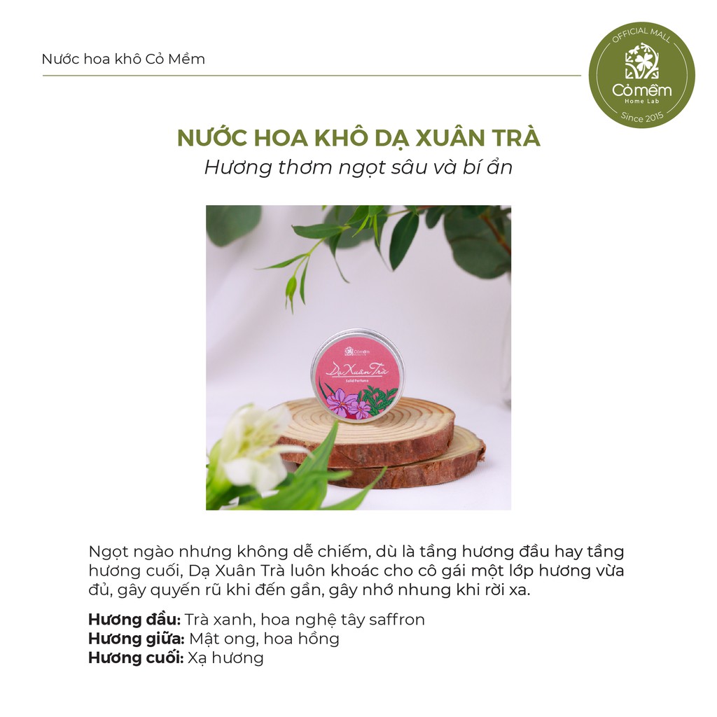 Nước Hoa Khô/ Dầu Thơm Khô Thiên Nhiên Dạ Xuân Trà Quyến Rũ [Mật Ong, Safron] [TẶNG kèm Túi Vải nhỏ] Cỏ Mềm - 10g