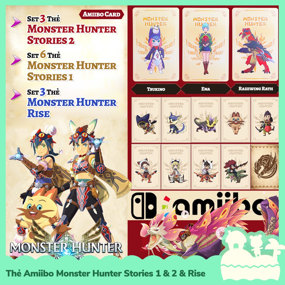 [Sẵn VN - Hỏa Tốc] Set Thẻ Amiibo Game Monster Hunter Stories 2 &amp; 1 &amp; Rise Cho Nintendo Switch / Switch Lite