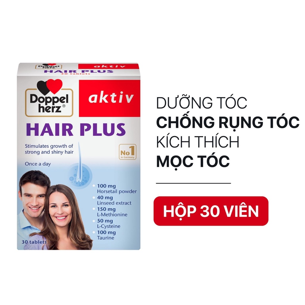 Viên Uống Giảm Rụng Tóc, Kích Thích Mọc Tóc Doppelherz Aktiv Hair Plus Nuôi Dưỡng Mái Tóc Dày &amp; Chắc Khỏe (Hộp 30 Viên)
