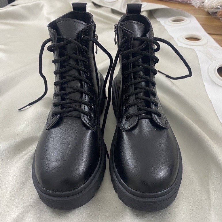 Giày Boots Ulzzang khóa kéo nữ SNU04 da PU cổ lửng đế độn 5cm đế to bự bằng đơn giản đi chơi đẹp mẫu mới buộc dây