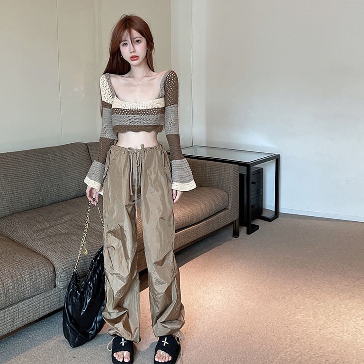 QADCOL  Áo Dệt Kim Tay Dài Cổ Vuông Phối Màu Tương Phản Thời Trang Cho Nữ