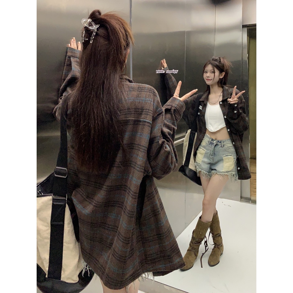 Áo Sơ Mi Caro Tay Dài Dáng Rộng Phong Cách Hàn Quốc Cho Nữ