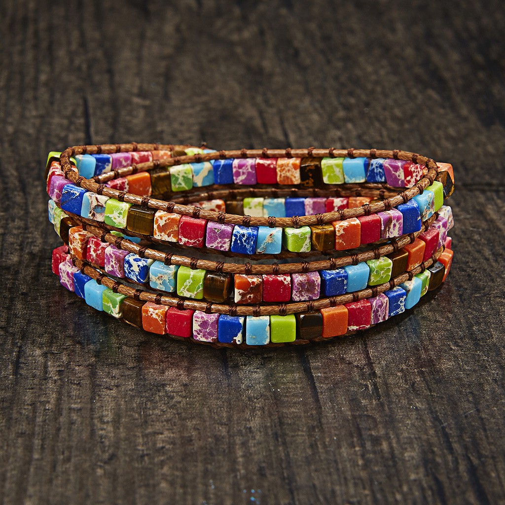 Vòng đeo tay RINHOO dây da đính hạt đá vuông kim loại chạm khắc tinh xảo thời trang