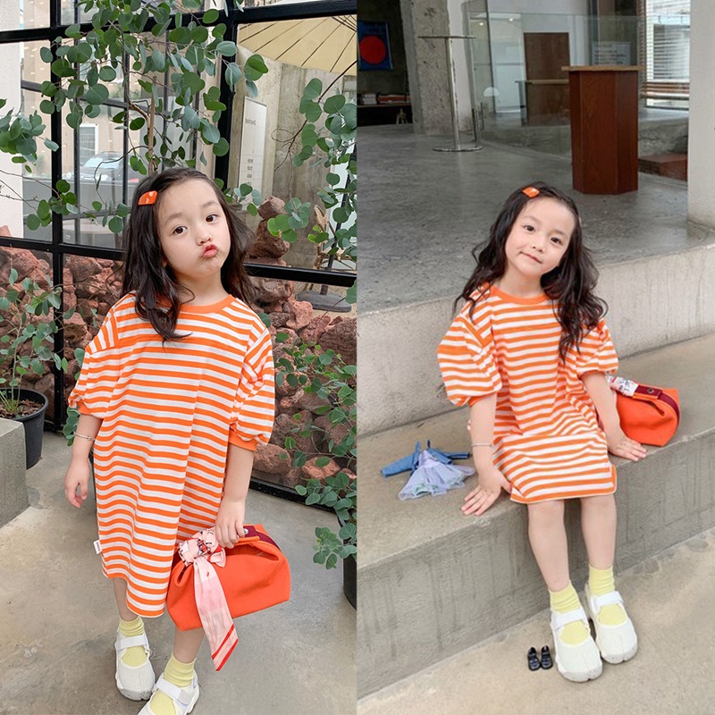 Đầm Thun Tay Lửng Họa Tiết Kẻ Sọc Thời Trang Xuân Hè Mới Cho Bé Gái