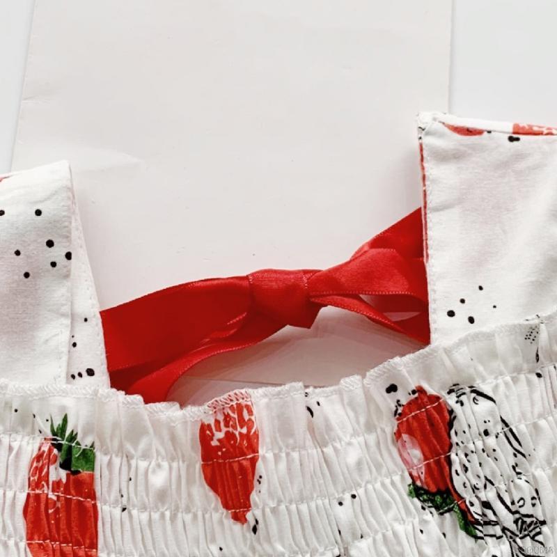 Đầm Tay Phồng Phối Nơ Họa Tiết Dâu Tây Đáng Yêu Cho Bé Gái