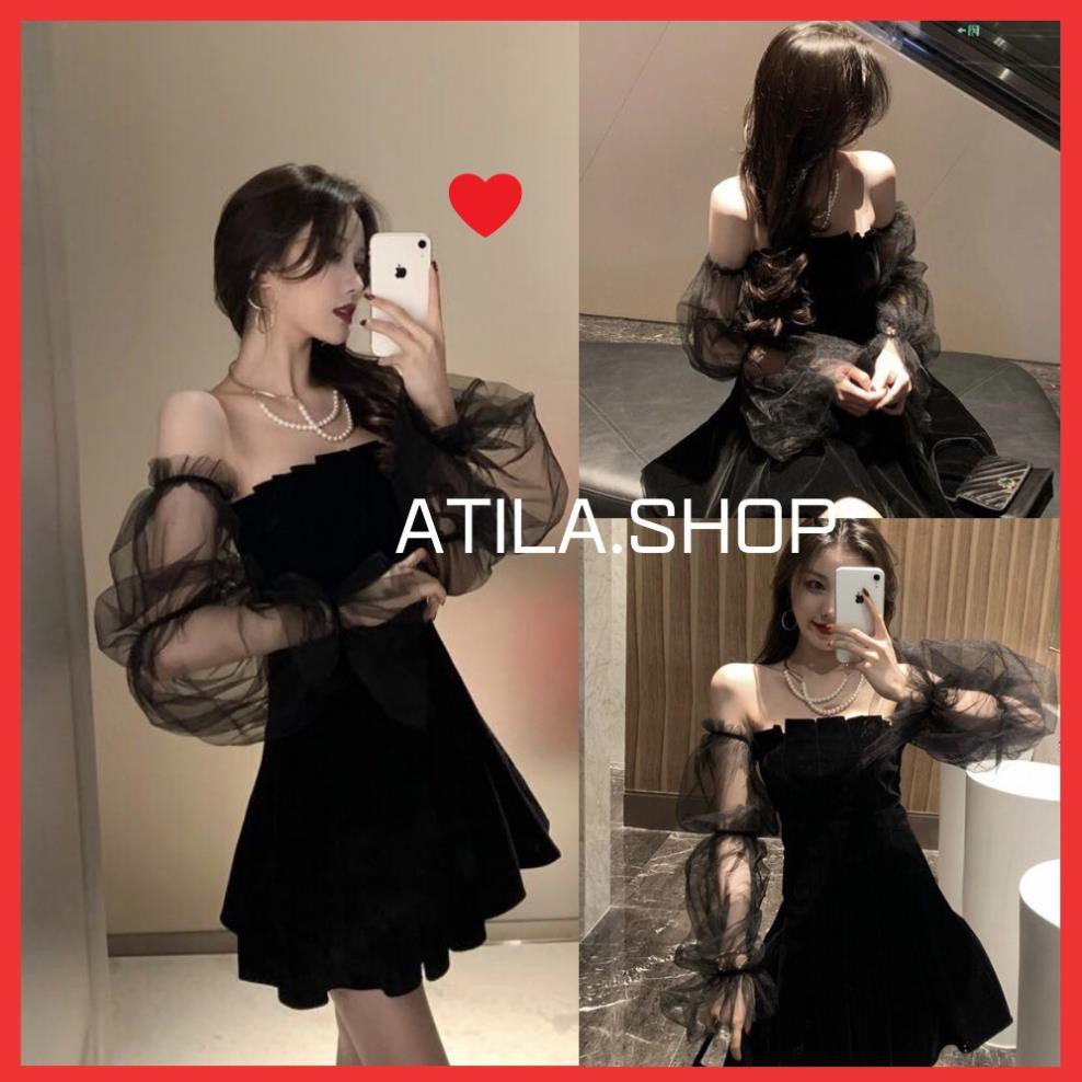 Váy nữ , đầm nữ vải nhung tay phồng dáng xòe hở vai quyến rũ phong cách Hàn Quốc ATILA.SHOP  ྇