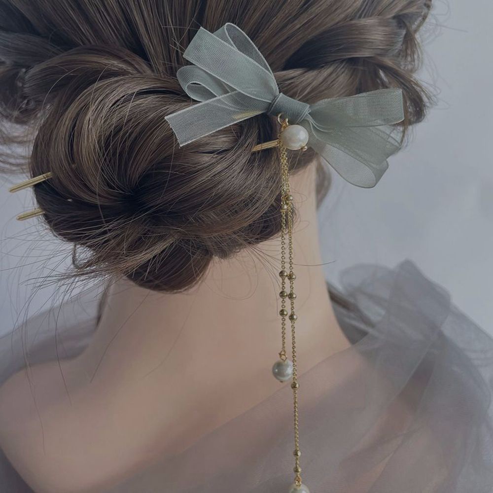 Trâm cài tóc hình chữ U hợp kim mặt nơ lưới đính tua rua ngọc trai nhân tạo phong cách Hàn Quốc vintage cổ điển cho nữ