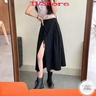 Chân Váy Nữ Xẻ Tà Dây Buộc ⚡FREESHIP⚡ Đầm Dài Qua Gối Dáng Xuông 🦋 Thời Trang Nữ Đen Chất Đũi Lưng Chun 🦋