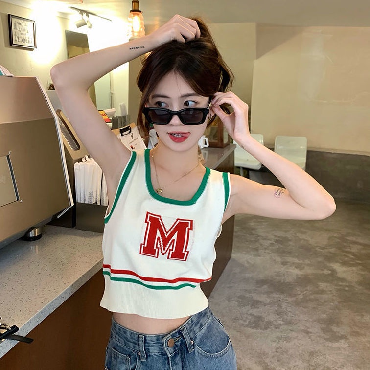 Áo Dệt Kim Không Tay In Chữ Thời Trang Mùa Hè Quyến Rũ Cho Nữ