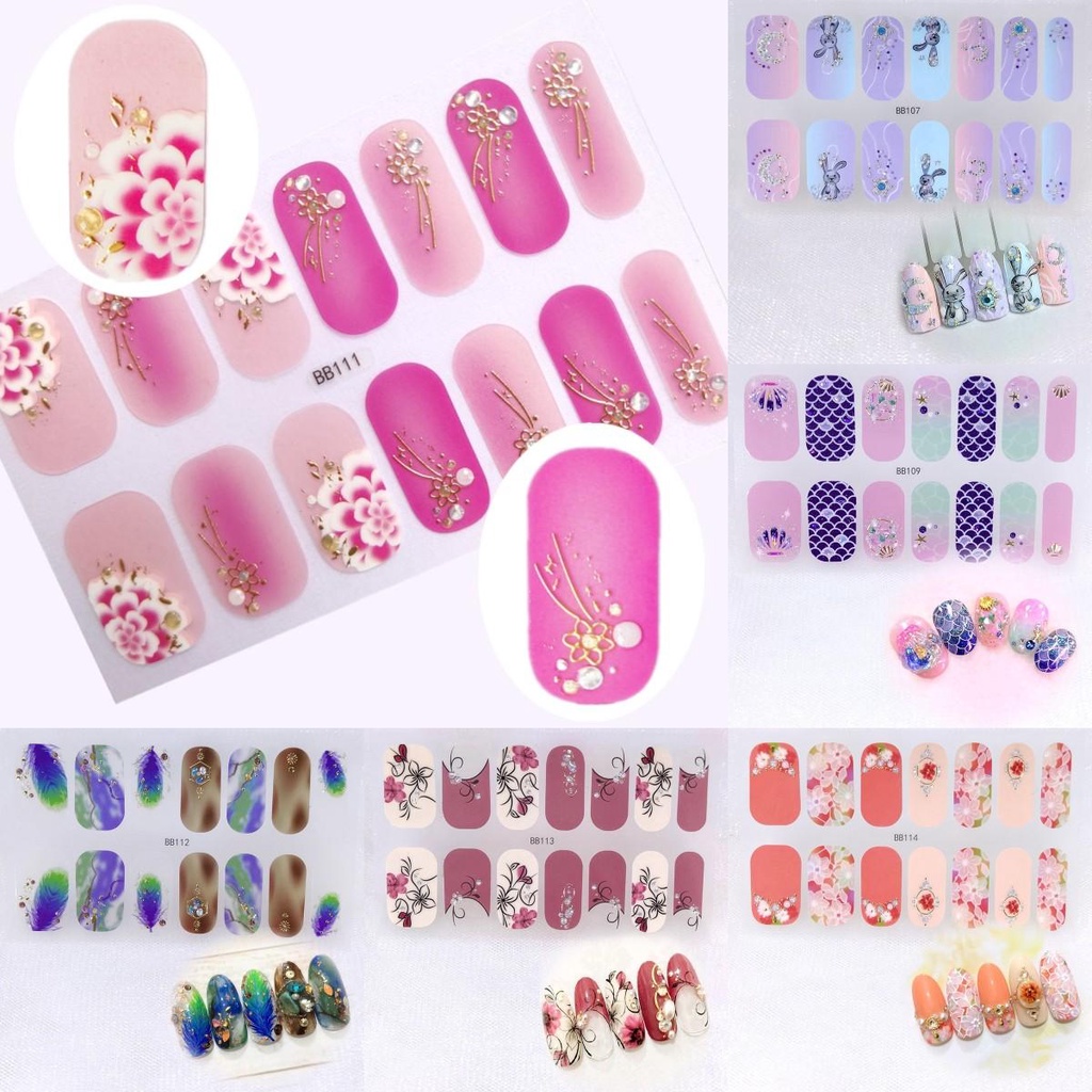 [Hàng mới về] Miếng dán móng tay màu gradient họa tiết 3D đính kim cương giả sang trọng Bb107-Bb124 DIY