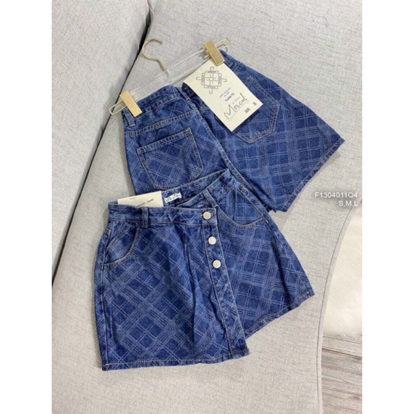 Quần short jean giả váy họa tiết đính 3 nút 1304