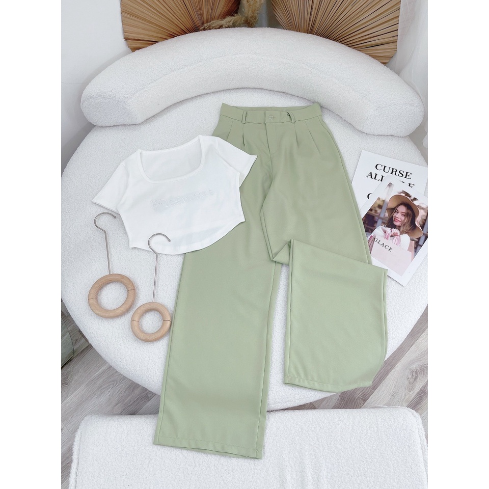 SET ÁO GÂN TRẮNG LAI BẦU + QUẦN BAGGY XANH (TH)