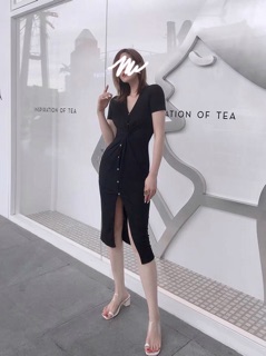 Đầm thun len gân xoắn eo