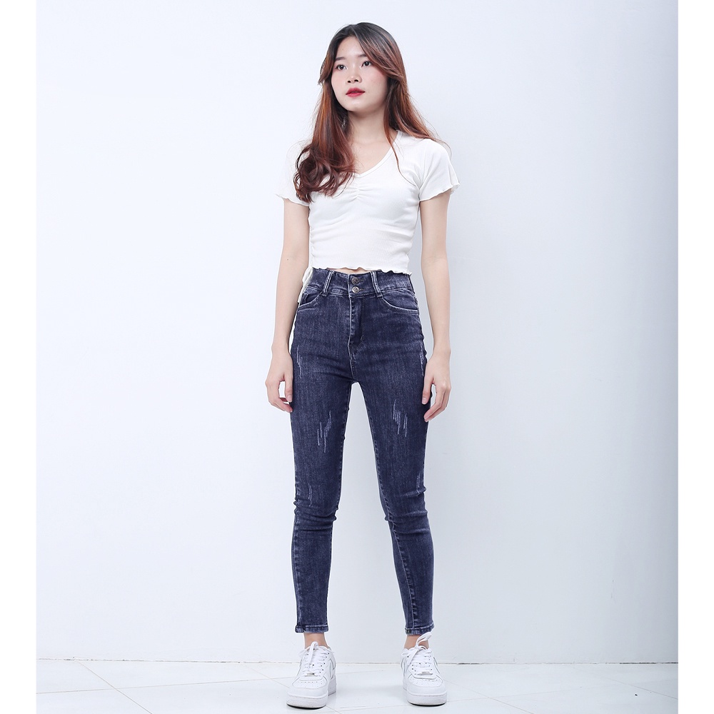 Quần jeans nữ co giãn SAIGONJEAN cạp siêu cao mài xước màu xanh xám QD038 phong cách trẻ trung năng động