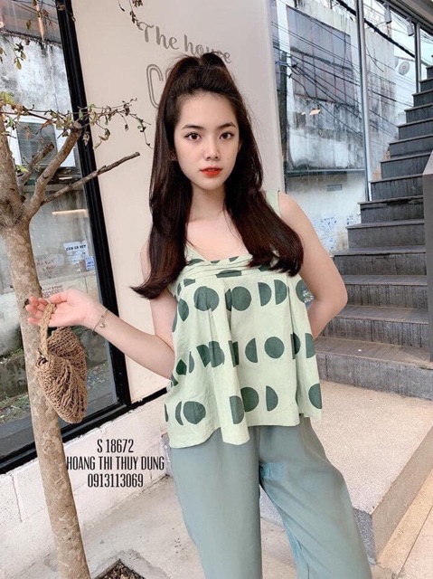 Set quần áo áo chấm bi xanh