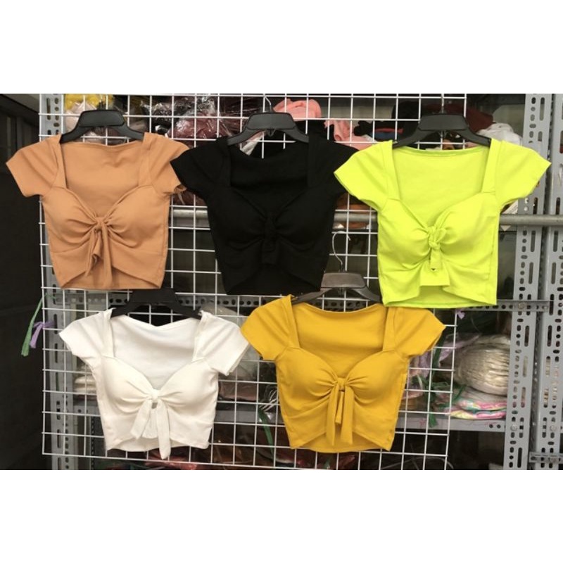 áo thun nữ body crop top có mút ngực nơ ngực màu vàng màu nâu màu đen xanh neon