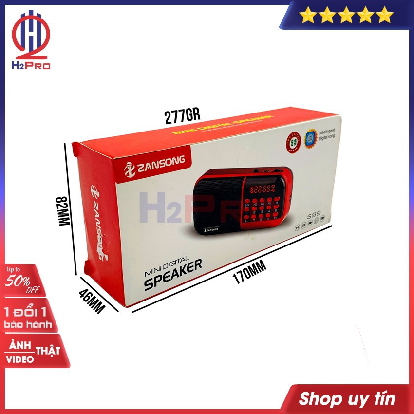 Đài radio FM-loa thẻ ZanSong S99 H2Pro đa năng nghe đài radio kiêm máy nghe nhạc mp3-2 pin sạc-2 khay thẻ nhớ