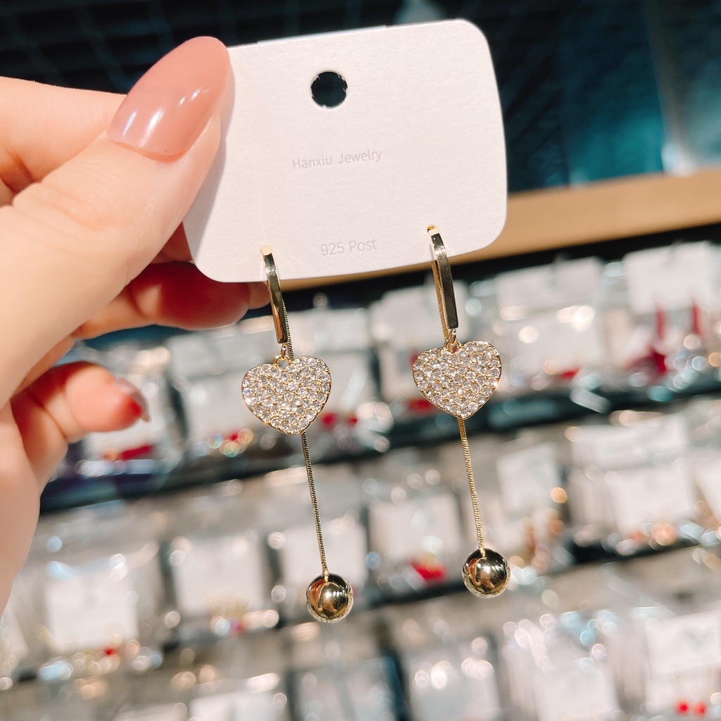 Bông Tai Mạ Bạc 925 Dát Kim Cương Hình Trái Tim Phối Tua Rua Lưng Ngọt Ngào Thời Trang 2022 Cho Nữ