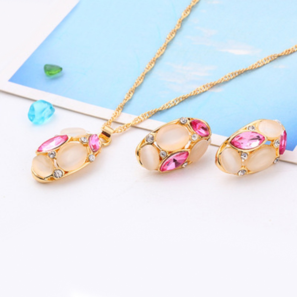 Bộ Vòng cổ + Đôi Khuyên Tai Mặt Đá Opal Hình Oval Thời Trang Cho Nữ