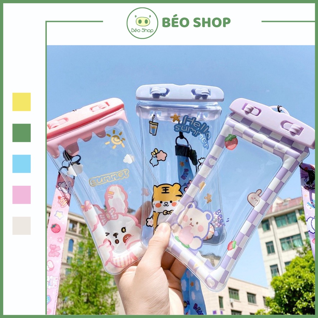 Túi đựng điện thoại chống nước Béo shop bằng nhựa dẻo cảm ứng có phao chống chìm kèm dây đeo đeo cổ tiện lợi