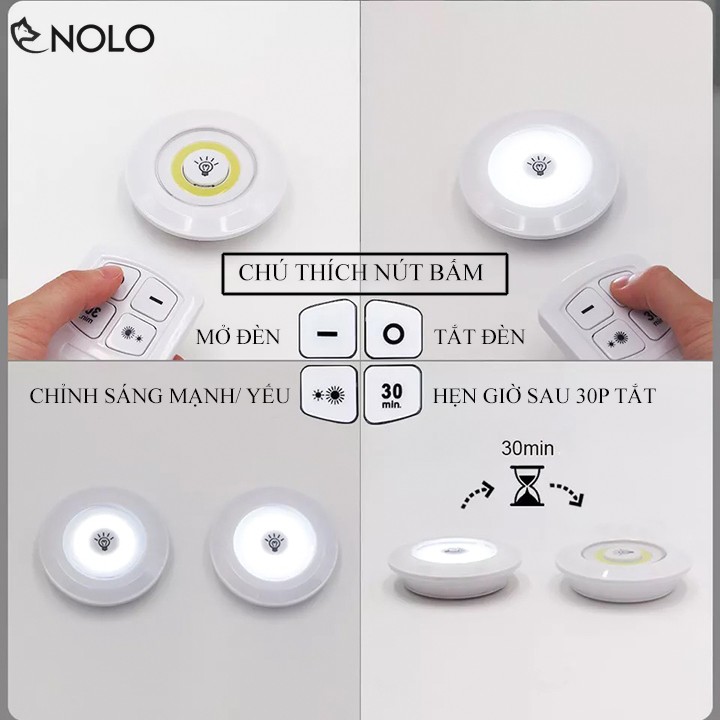 Bộ 3 Đèn Cob Tròn Có Công Tắc Dán Tường Kèm Remote Điều Khiển Từ Xa Model COB01 Công Suất 3W Dùng Nguồn Pin AAA