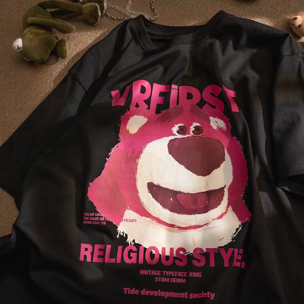 Áo Thun Tay Ngắn Dáng Rộng In Hình Gấu Dâu Tây Dễ Thương Thời Trang Cho Cặp Đôi