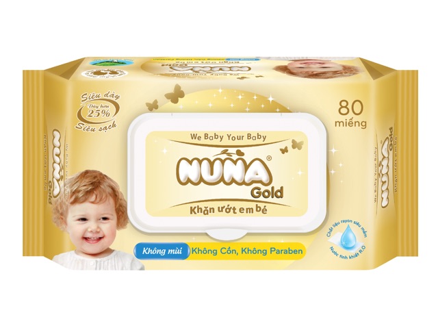 KHĂN ƯỚT EM BÉ NUNA GOLD ( SIÊU DÀY - MỀM MỊN) 80 MIẾNG - KHÔNG MÙI