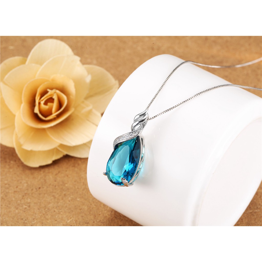 Dây chuyền mạ bạc 925 trang trí mặt hình giọt nước màu xanh dương sapphire phong cách Hàn Quốc 2593