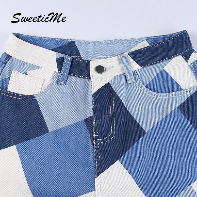 Quần Jeans Lưng Cao In Họa Tiết Kim Cương Tương Phản Cho Nữ