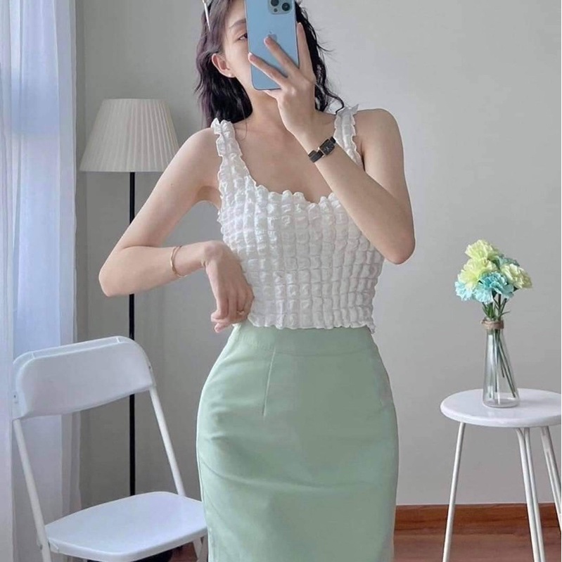 ÁO CROPTOP HAI DÂY  XỐP NHĂN BASIC PHONG CÁCH HÀN QUỐC / ÁO KIỂU ULZZANG MÙA HÈ