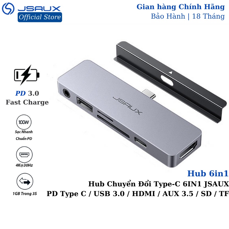 Hub Chuyển Đổi Type-C 6 Trong 1 JSAUX - Bộ Chuyển Đổi Hub Thông Minh USB 3.0/ HDMI/ Type-C/ SD/ TF