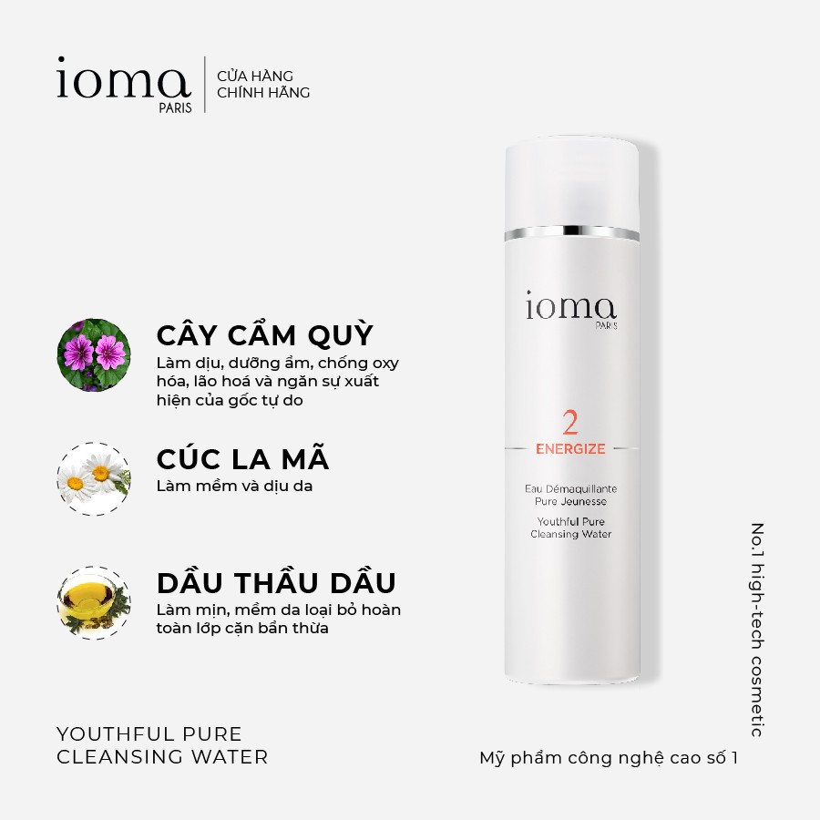 Nước tẩy trang dưỡng ẩm dịu nhẹ, chống lão hoá IOMA PARIS Youthful Pure Cleansing Water 200ml