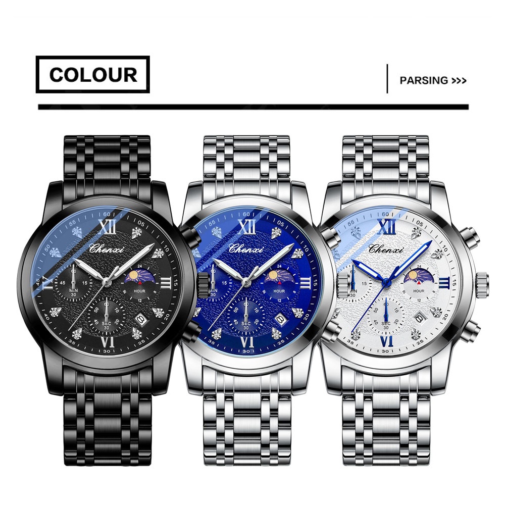 Đồng Hồ Nam Hiển Thị Ngày CHENXI Chống Thấm Nước Dây Thép Không Gỉ Thời Trang