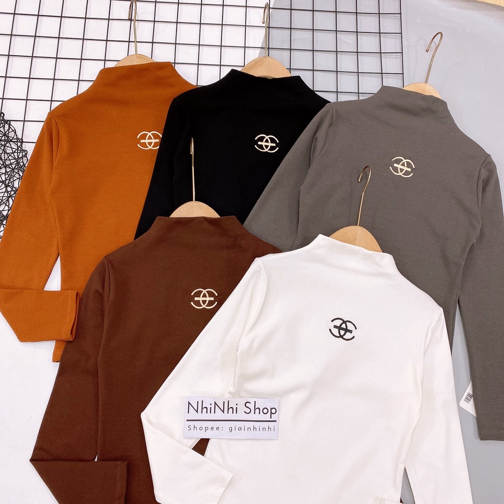 Xả hàng Áo thun cổ leo lót lông thêu logo, Áo phông dài tay dáng ôm AS7122 - NhiNhi Shop