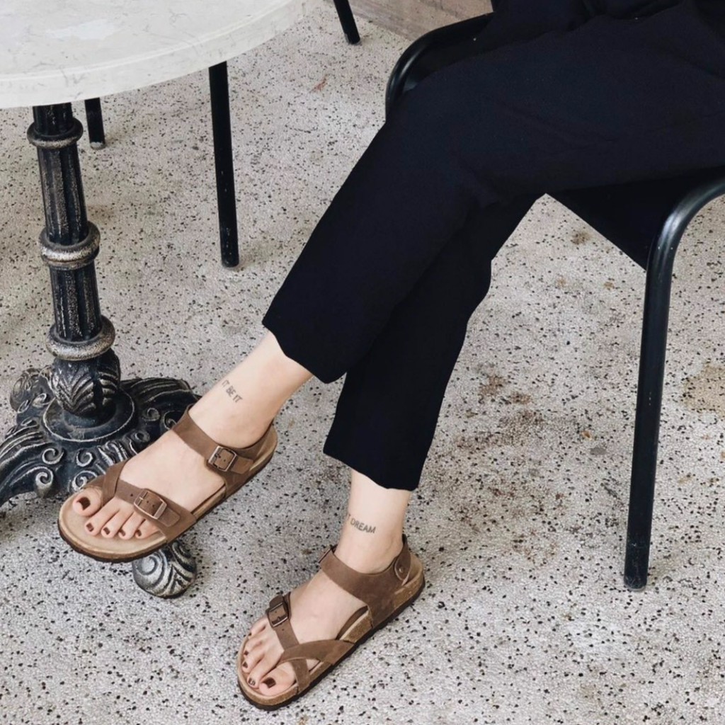 Sandal xỏ ngón da bò thật đế trấu birken