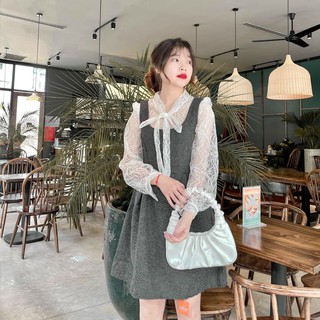 Set áo sơ mi thắt nơ và váy tiểu thư vải dạ tweed ulzzang