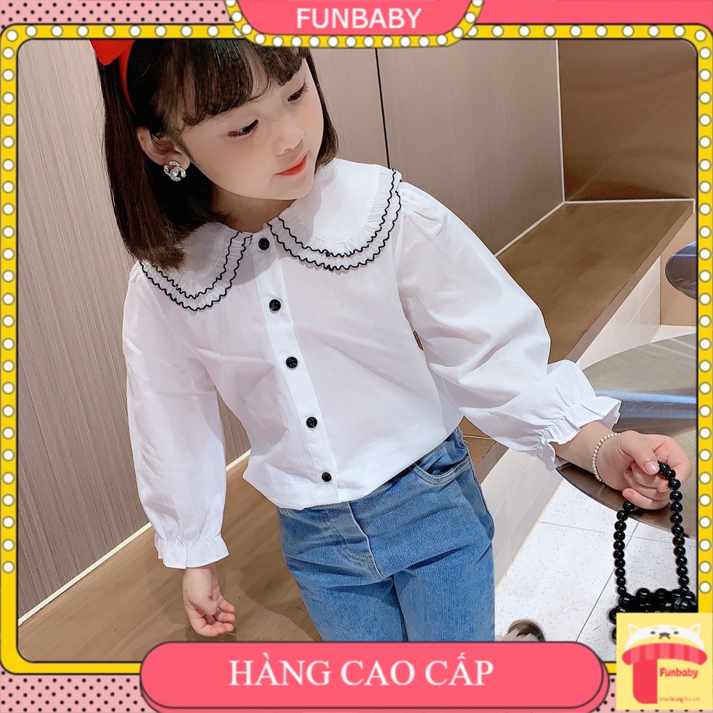 Sơ mi bé gái dài tay màu trắng cổ thuyền diềm, Áo sơ mi cho bé 3-8 tuổi chất liệu vải thô cao cấp
