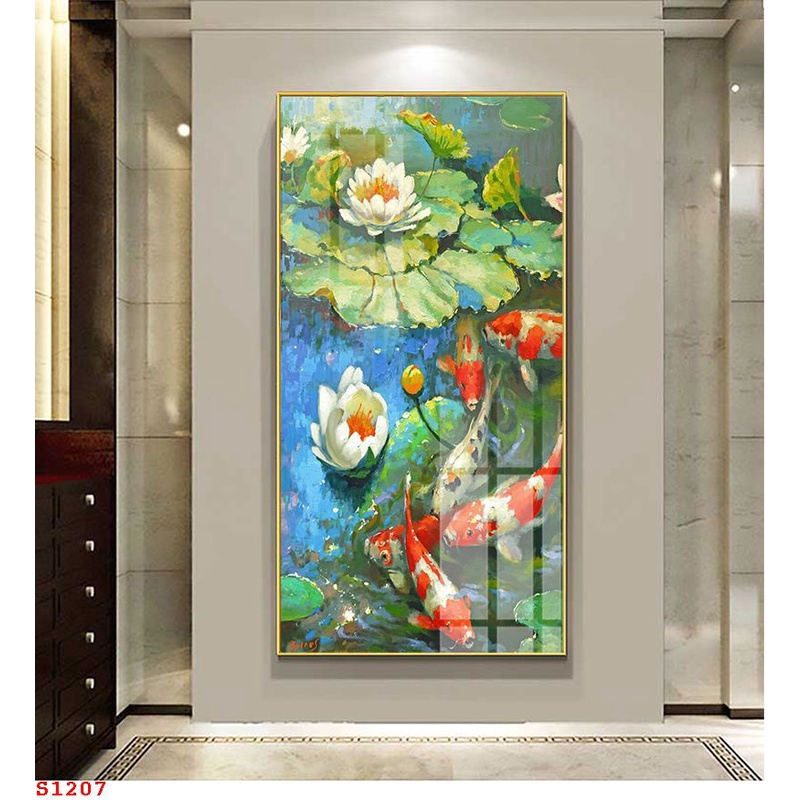Tranh nghệ thuật hiện đại phong thủy Ca và Hoa Sen tráng gương hoặc canvas tuyệt đẹp S1207