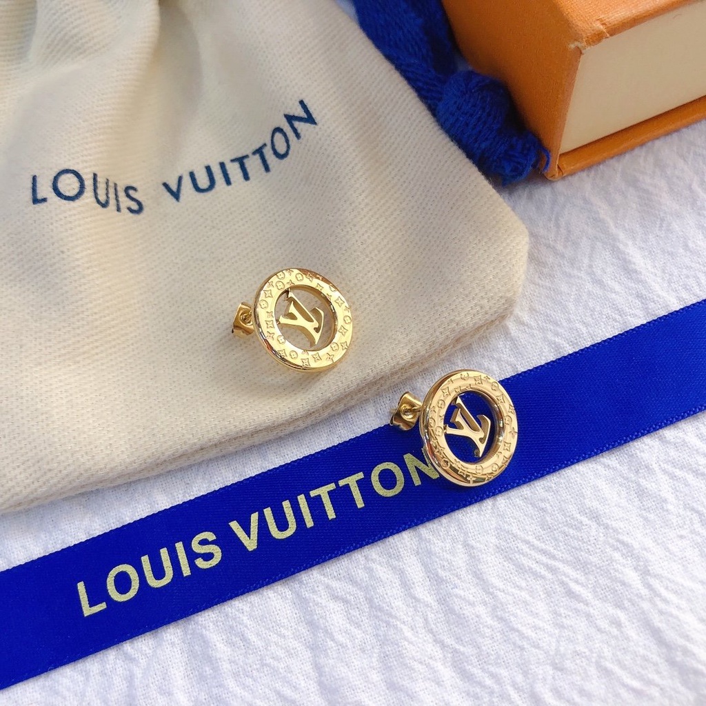LOUIS VUITTON Khuyên Tai Tròn Bằng Thép Titan In Logo LV Thời Trang
