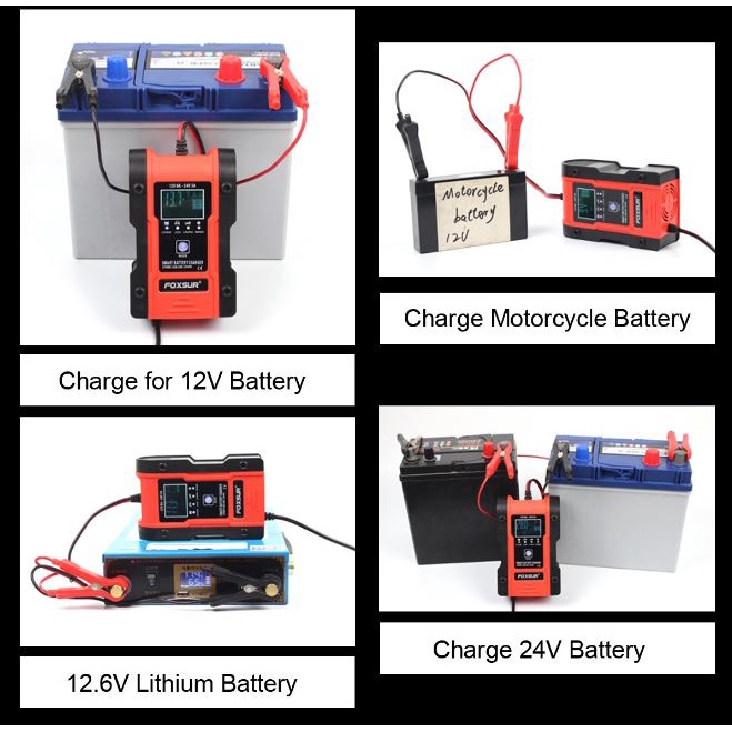 Sạc bình ắc quy 12V 24V 6A FOXSUR sạc pin lithium pin sắt LiFeP04 ô tô xe máy bảo vệ chống chai chống phù bình