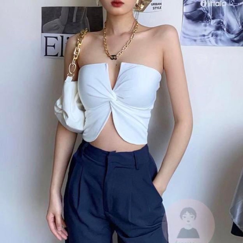 Áo ống cúp ngực kiểu croptop nữ xoắn ngực satin phi bóng trắng - Order taobao quảng châu