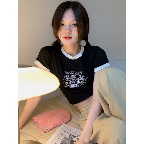 Áo Thun Croptop Tay Ngắn Cổ Tròn Ôm Body Viền Màu In Chữ Boinci Dễ Thương Thời Trang Cho Nữ Luviecloset