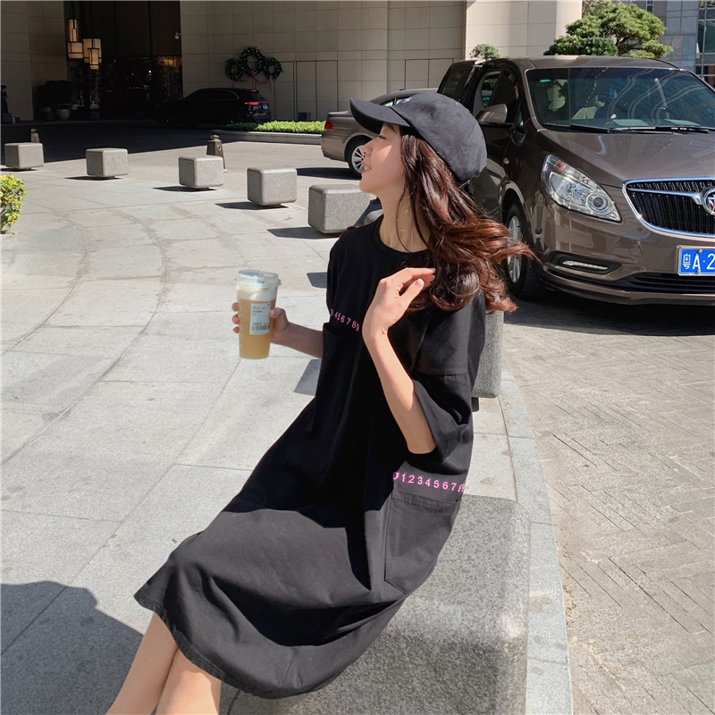 Đầm thun SUXI tay ngắn thêu họa tiết chữ cái phong cách Hàn Quốc thời trang dành cho nữ