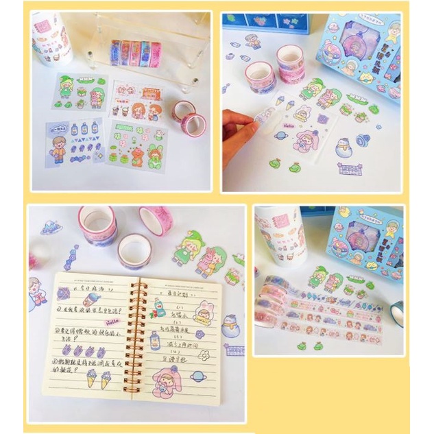 Hộp washi kèm sticker trang trí nhũ lấp lánh dễ thương đồng bộ