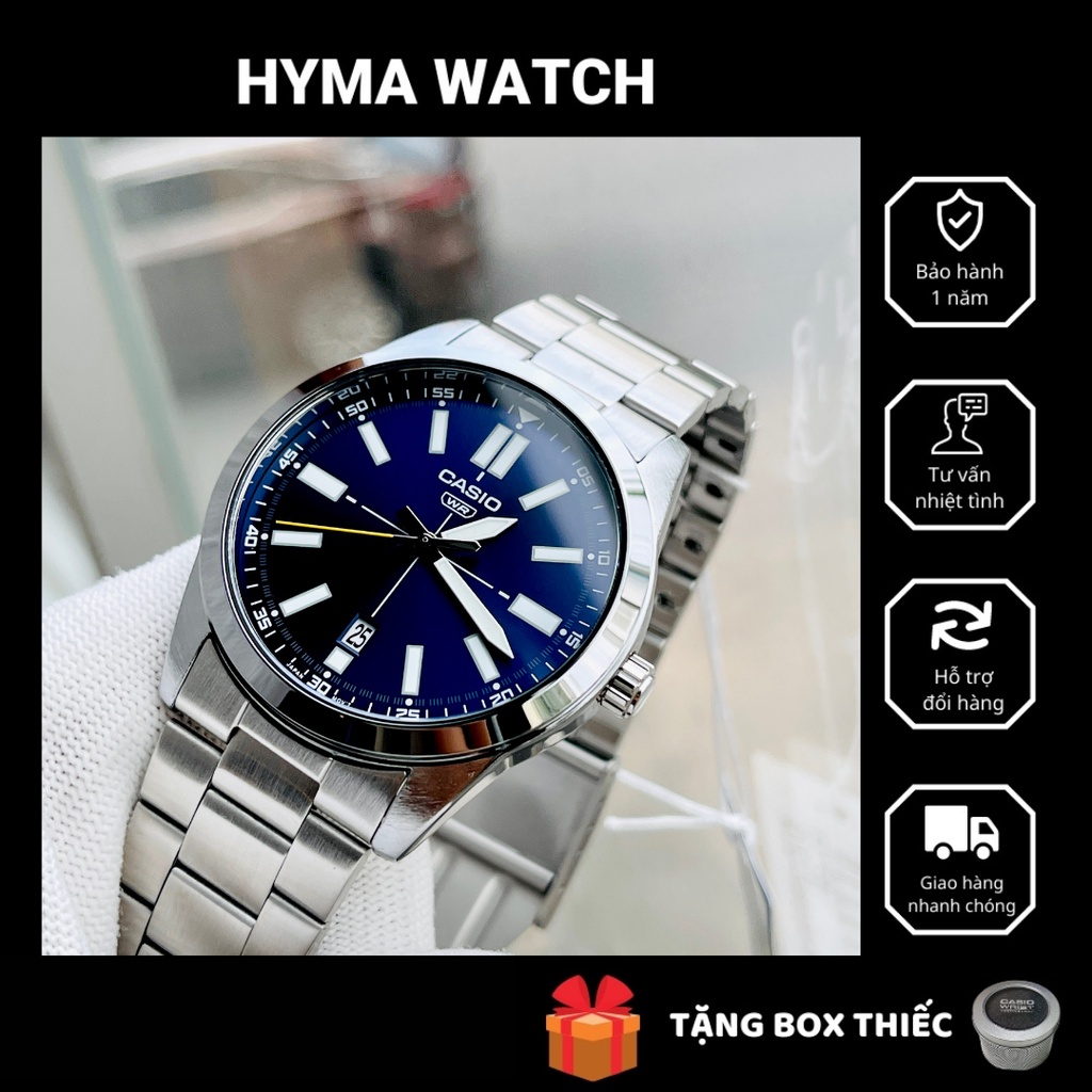 Đồng hồ nam dây thép cao cấp Casio MTP VD02D-2E mặt xanh - Size 41 Kim dạ quang Bảo hành 1 năm Hyma watch